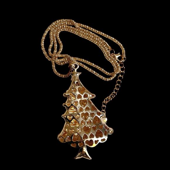 Betsey Johnson Christmas Tree Adj. Necklace Red Crystal Gold Chain BJ Charm - Picture 10 of 11
